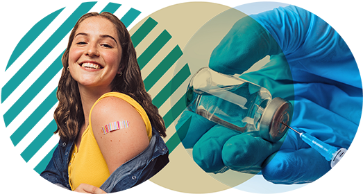 Young woman smiling and displaying vaccination location on upper left arm.